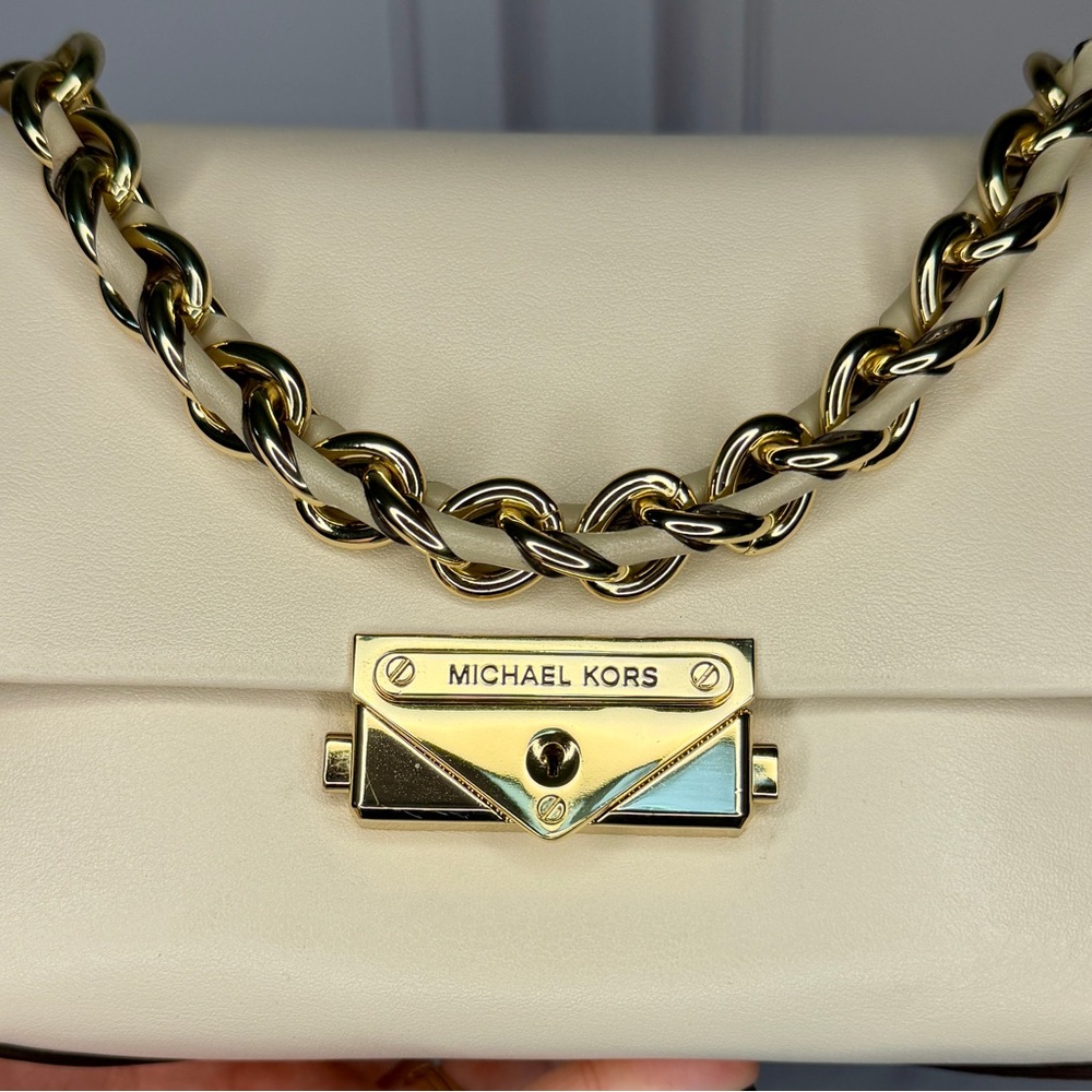 Michael Kors Cece Small Shoulder Bag | Cream Leather Chain Mini Crossbody - Picture 3 of 11